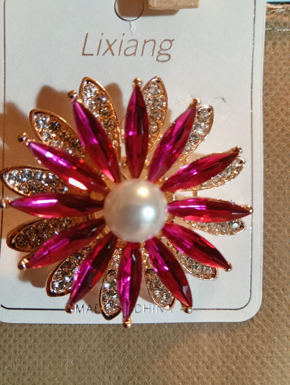Pink Crystal Floral Brooch with Pearl Center